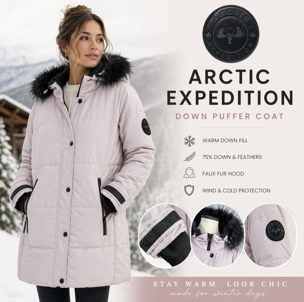 NWOT Arctic Expedition Down Puffer Sz XL Detach Hood Full Zip Snap Pkts